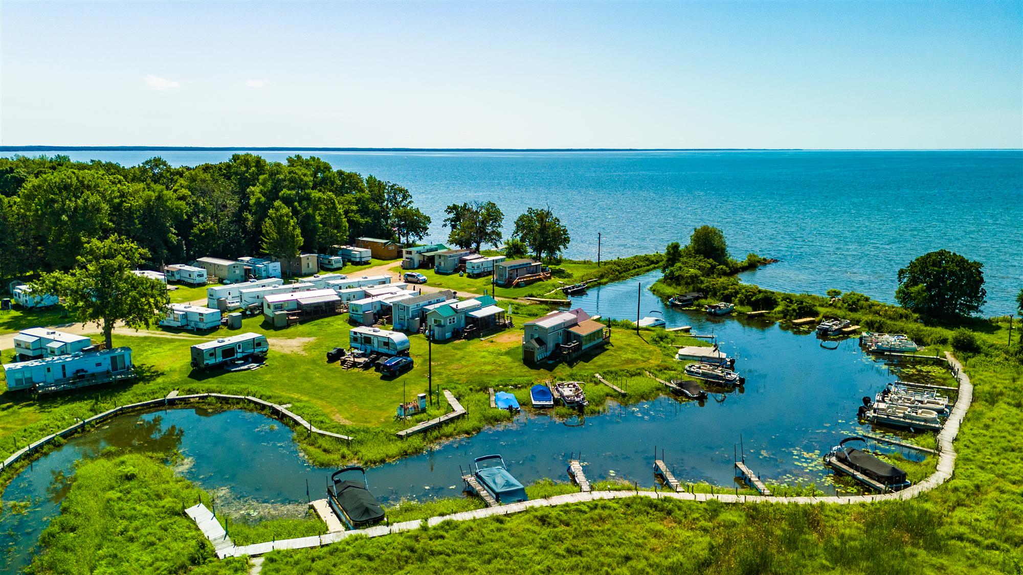 Barnacles Resort harbor with boat slips on Mille Lacs Lake